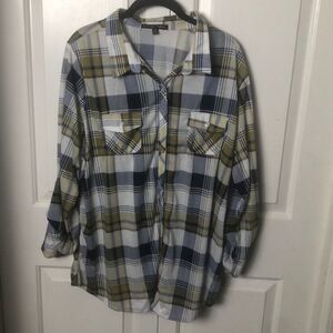 Always Indigo Green and Blue Plaid Button Down blouse 3X‎
